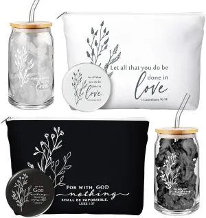 Fumete Christian Gift for Women Sunday School Teacher Flower Makeup Bag Graduation Bible Verse Glass Coffee Cup with Bamboo Lid Straw Mini Compact Mirror Religious Scripture Church(Bible-a,2 Sets)
