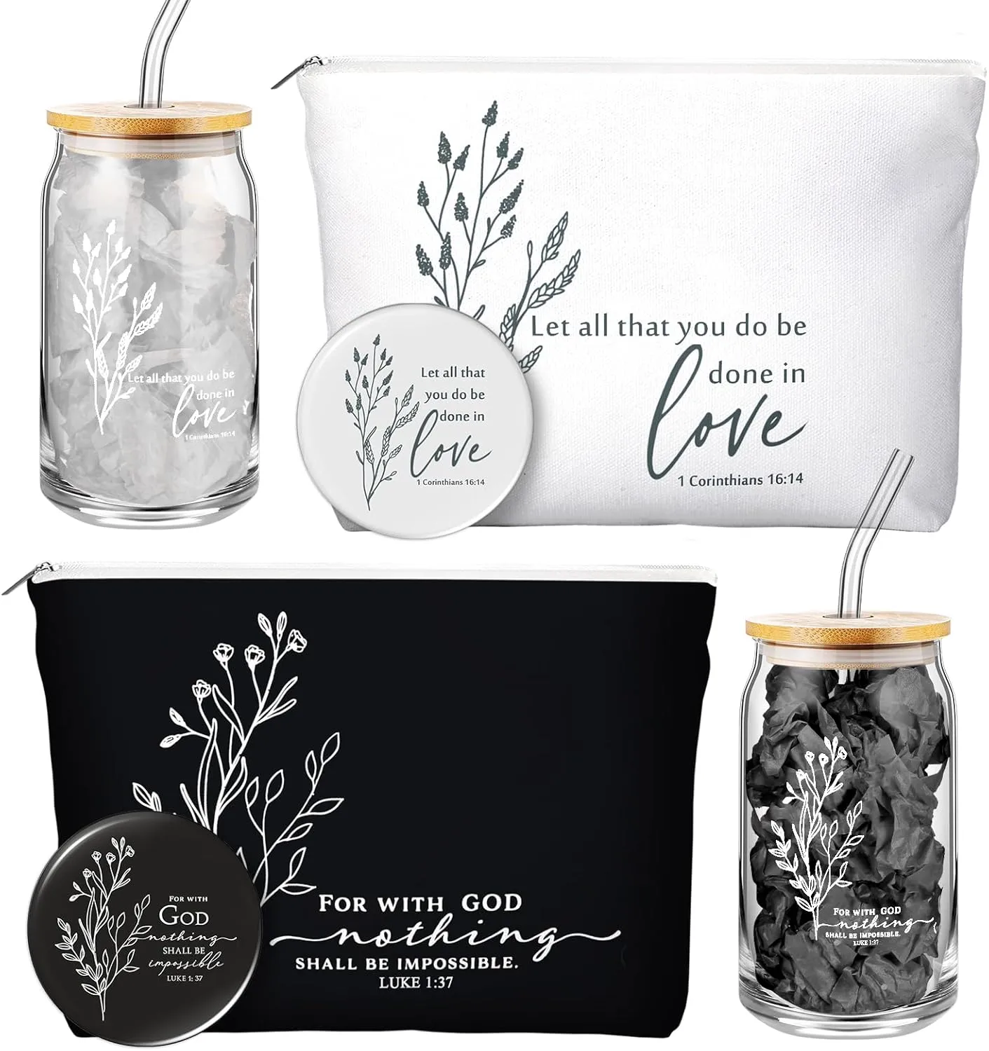 Fumete Christian Gift for Women Sunday School Teacher Flower Makeup Bag Graduation Bible Verse Glass Coffee Cup with Bamboo Lid Straw Mini Compact Mirror Religious Scripture Church(Bible-a,2 Sets)