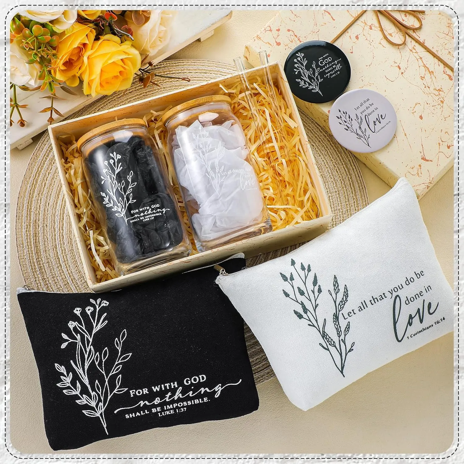 Fumete Christian Gift for Women Sunday School Teacher Flower Makeup Bag Graduation Bible Verse Glass Coffee Cup with Bamboo Lid Straw Mini Compact Mirror Religious Scripture Church(Bible-a,2 Sets)