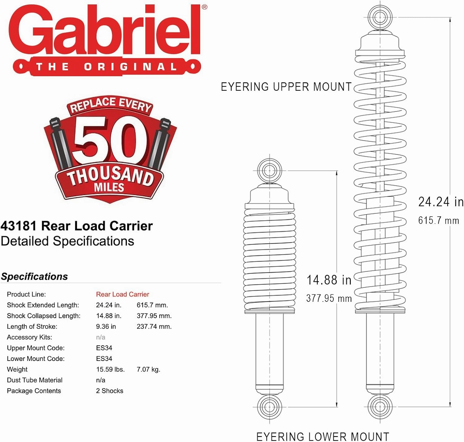 Gabriel 43181 Load Carrier Rear Towing Shock Absorbers for Chevrolet Silverado 1500, Suburban, Tahoe; Dodge Ram 1500; GMC Yukon, Jeep Gladiator; Nissan Titan (1 Pair)