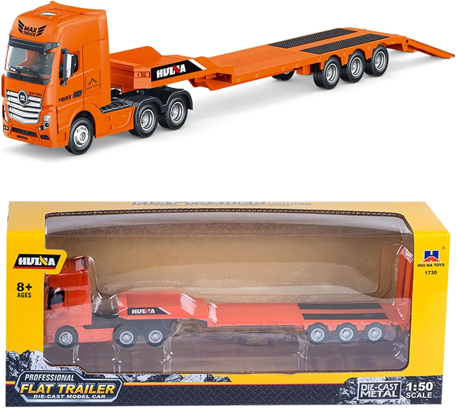 Gemini & Genius Flat Trailer Truck Toy, Heavy Duty Alloy Construction Toys Vehicle, 1:50 Scale Diecast Trailer Truck, Toy Trucks for Kids
