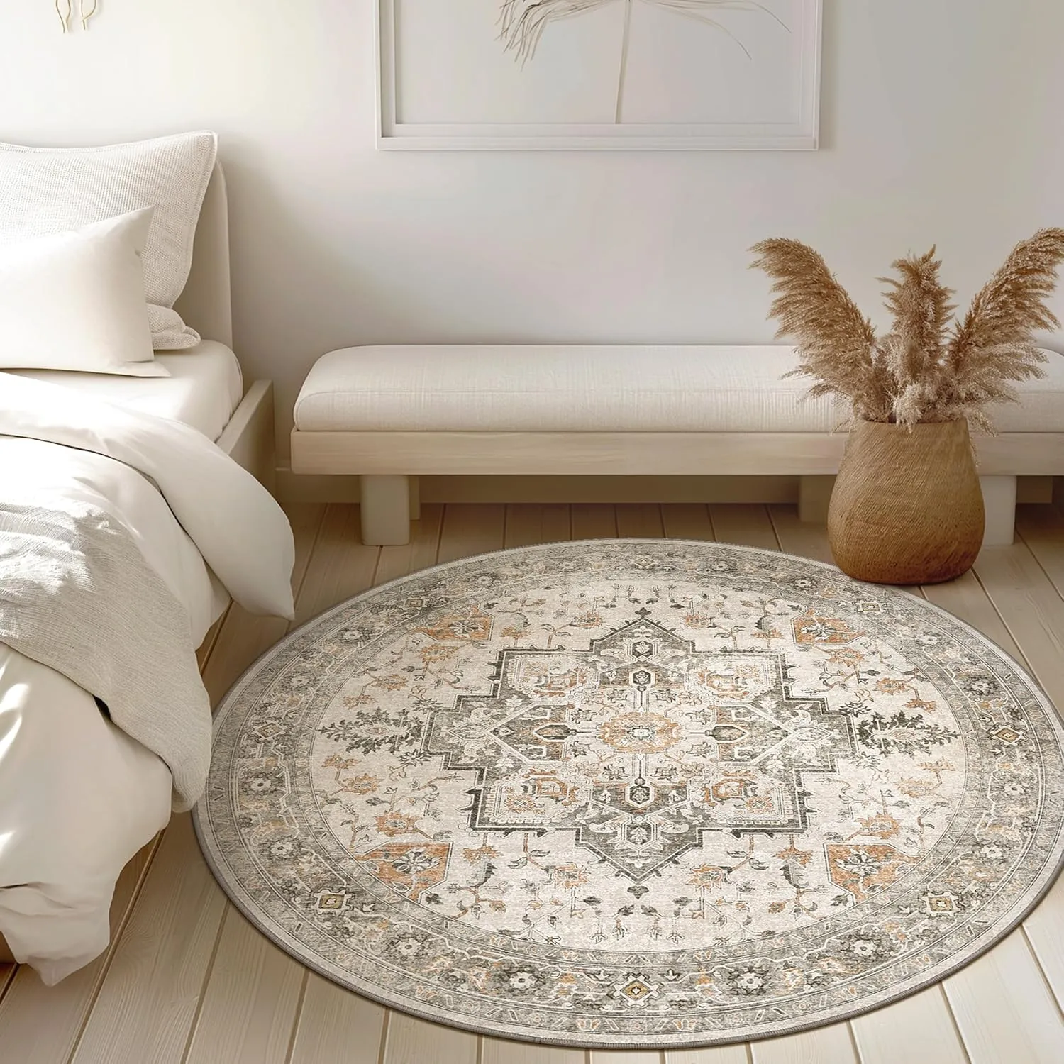 GENIMO 5FT Round Area Rugs for Living Room, Circle Rugs Machine Washable Low Pile, Chenille Non Slip Vintage Rug for Bedroom, Dining Room, Home Office, Light Taupe Brown