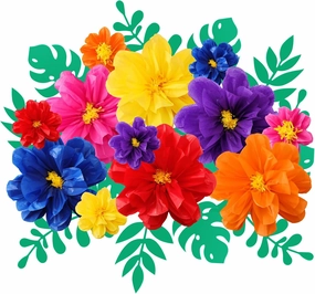 Geyee 12 Pcs 10" 20" Giant Mexican Fiesta Paper Flowers and 16 Pcs Leaves, Large Colorful Tissue Crepe Flowers Pom Poms Craft for Floral Backdrop Easter Wedding Birthday Party Decor(Elegant Color)