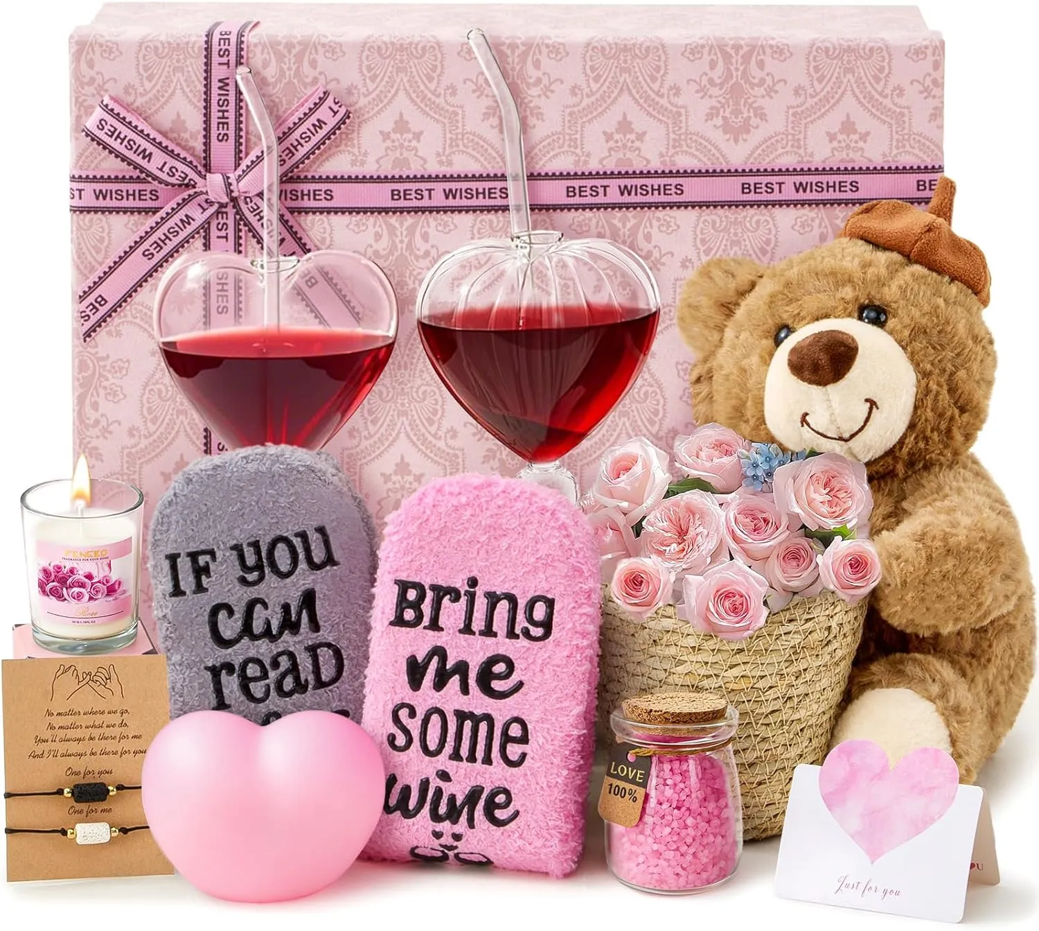Gifts for Her With Teddy Bear Stuffed LED Heart Shaped Lamp, Valentines Day Gifts Romantic Wedding Engagement Anniversary Birthday Pink Baskets Gifts for Girlfriend Wife Sisters Women Couples Friends