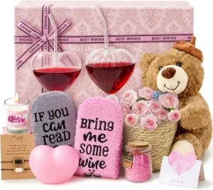 Gifts for Her With Teddy Bear Stuffed LED Heart Shaped Lamp, Valentines Day Gifts Romantic Wedding Engagement Anniversary Birthday Pink Baskets Gifts for Girlfriend Wife Sisters Women Couples Friends