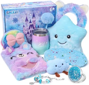 Golray Snow Toys for Girls Kids Gift 6 7 8 9 10 Years Old, Light Up Pillow Stationery Plush Lock Diary Water Cup Fluffy Accessories Teen Princess Toy Christmas Birthday Gift for Girl Age 6 