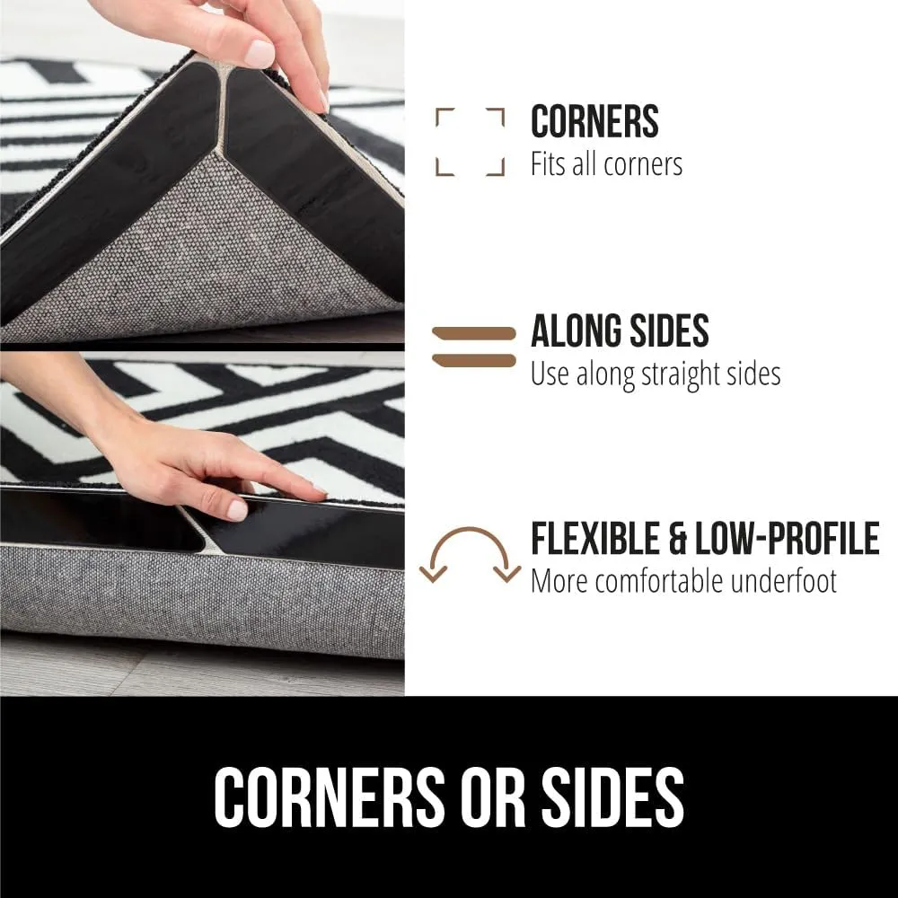 GORILLA GRIP Patent Pending 24 Pack Rug Gripper Pads, Keep Area Rugs Corners from Curling and Bunching, Reusable Dual-Sided Flexible Sticky Pad, Grips Floor, Holds Carpet in Place on Hardwood Floors