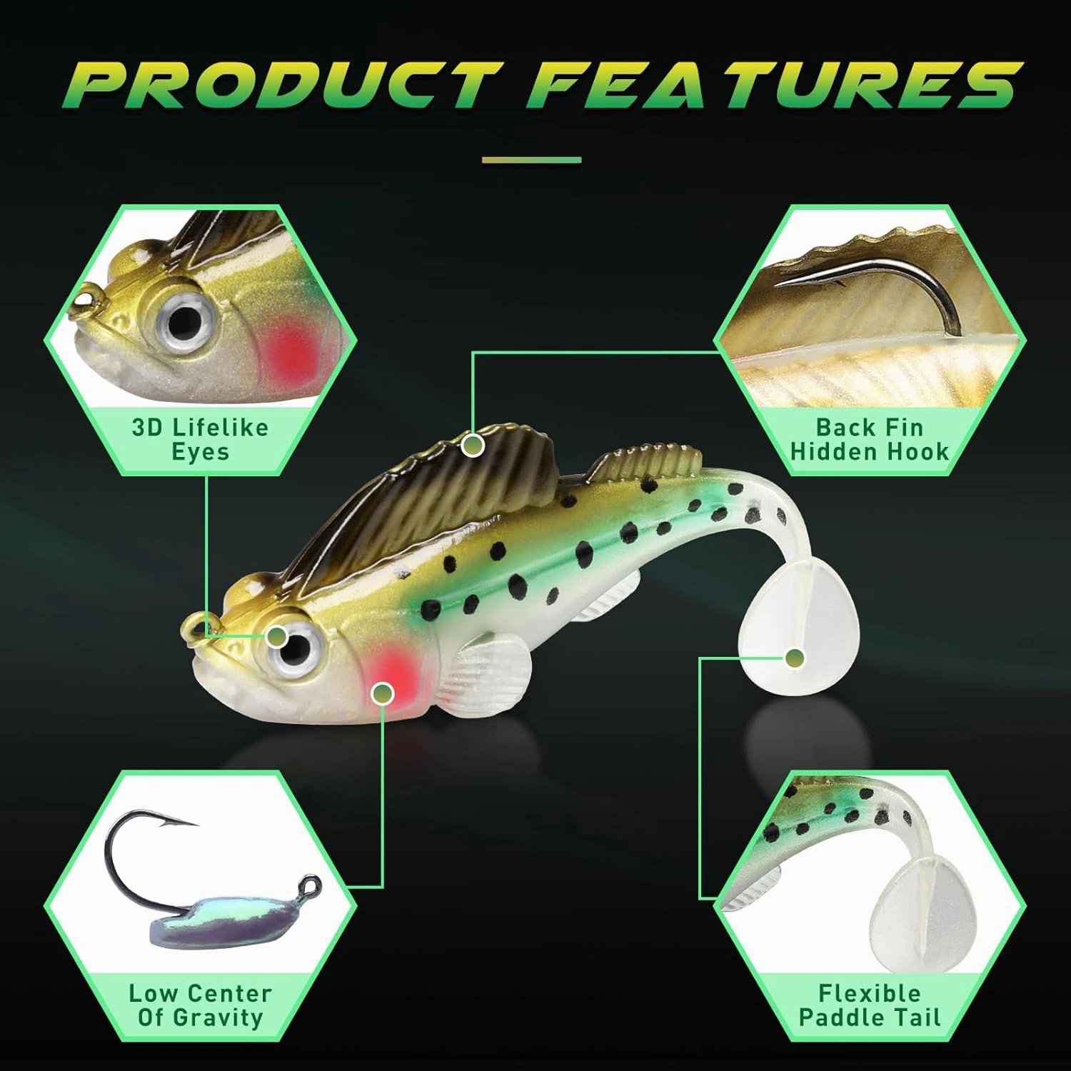 Gotour Weedless Soft Fishing Lures for Freshwater and Saltwater, Premium Pre-Rigged Jig Head Paddle Tail Swimbaits for Bass Fishing，Jigs Fishing Bait for Crappie Trout Walleye, Amazing Fishing Gifts