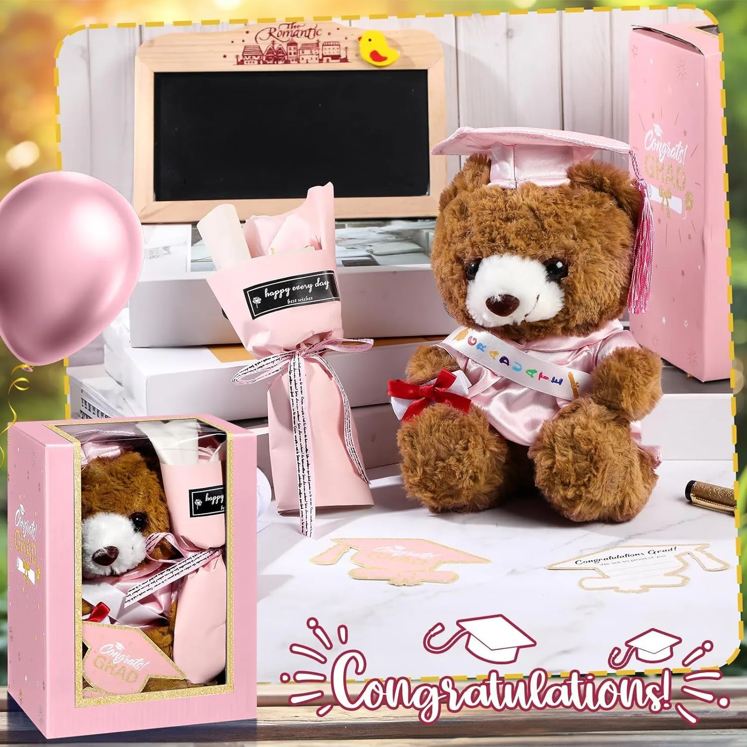 Graduation Bear Gifts Set Include Stuffed Animal Bear with Gown Cap Tassel Class of 2025 Grad Card Soap Artificial Flower Box with Window Graduation Gift for Him Her(Pink)