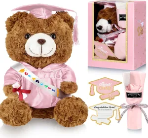 Graduation Bear Gifts Set Include Stuffed Animal Bear with Gown Cap Tassel Class of 2025 Grad Card Soap Artificial Flower Box with Window Graduation Gift for Him Her(Pink)