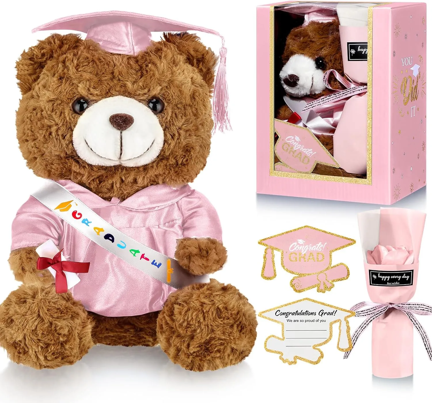 Graduation Bear Gifts Set Include Stuffed Animal Bear with Gown Cap Tassel Class of 2025 Grad Card Soap Artificial Flower Box with Window Graduation Gift for Him Her(Pink)
