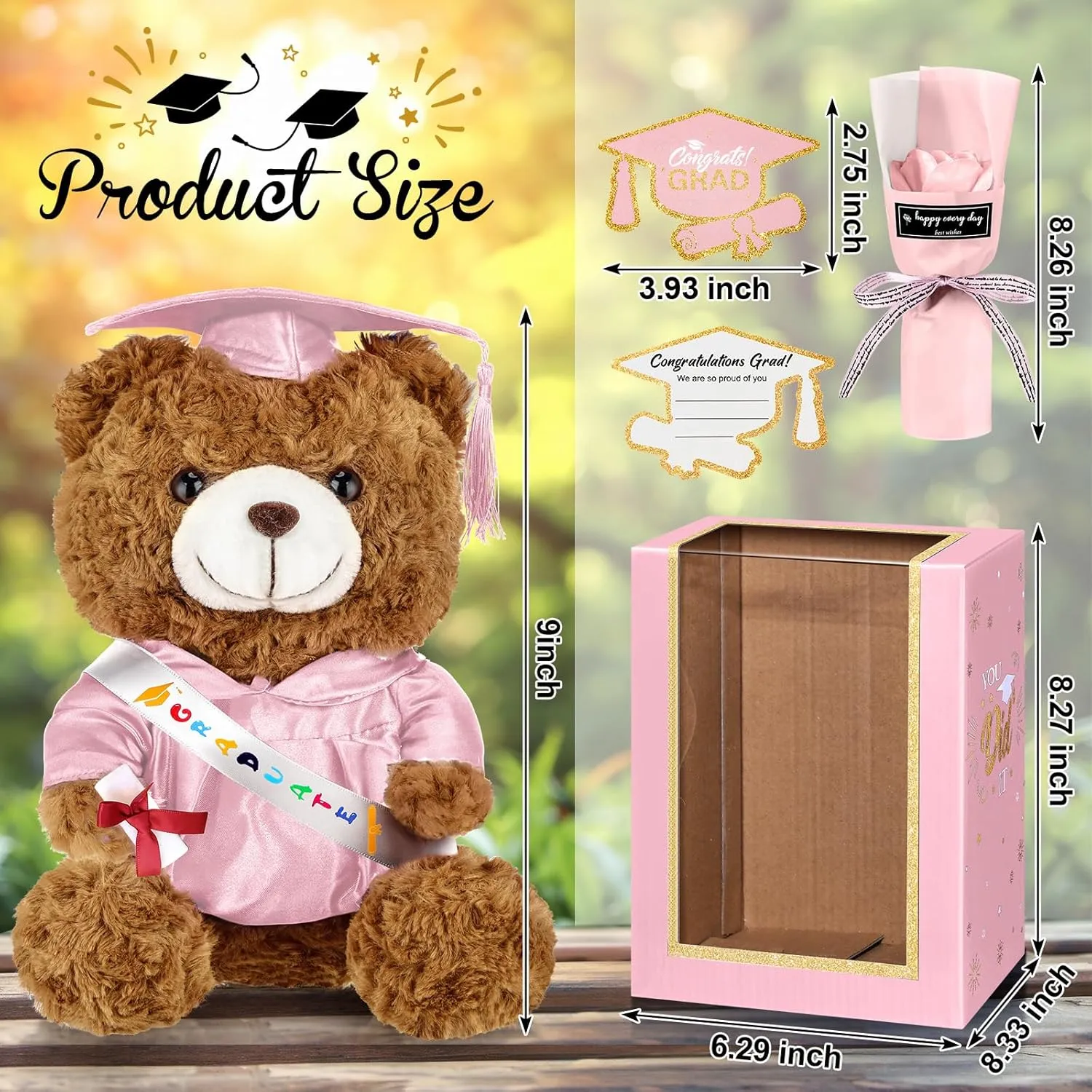Graduation Bear Gifts Set Include Stuffed Animal Bear with Gown Cap Tassel Class of 2025 Grad Card Soap Artificial Flower Box with Window Graduation Gift for Him Her(Pink)