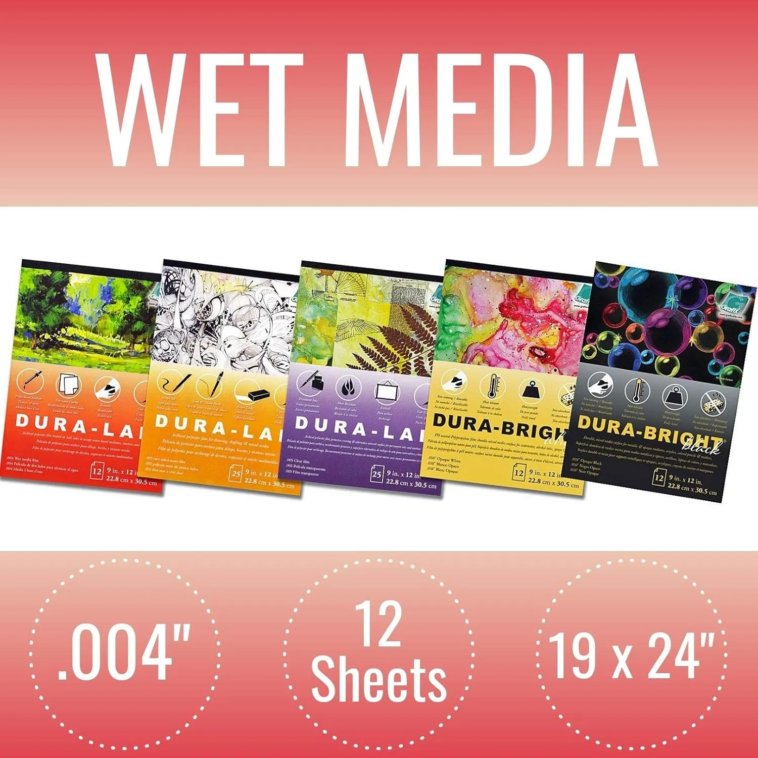 Grafix Dura-Lar 0.004" Film, Ultra Clear Wet Media 19"x24", Plastic Film Coated to Accept Water Based Mediums. Ideal for Watercolor, Painting Composition, as Painting Surface, Pad of 12 Sheets