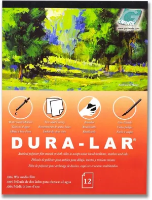 Grafix Dura-Lar 0.004" Film, Ultra Clear Wet Media 19"x24", Plastic Film Coated to Accept Water Based Mediums. Ideal for Watercolor, Painting Composition, as Painting Surface, Pad of 12 Sheets