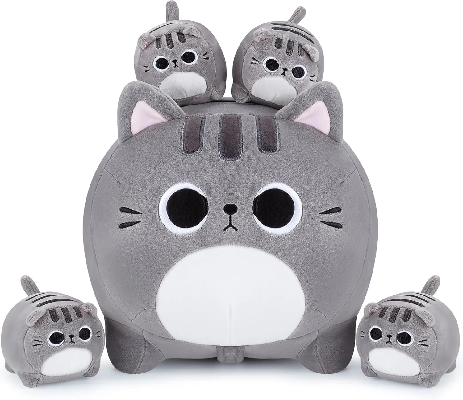 Grey Cat Plush, 5 PCS Cat Plush Stuffed Animal Family, 16in Grey Cat Mommy Cat with 4 Baby Kittens Cat Plushies for Kids, Kawaii Cat Plush Toy Christmas Birthday Gifts for Kids Boys Girls