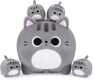 Grey Cat Plush, 5 PCS Cat Plush Stuffed Animal Family, 16in Grey Cat Mommy Cat with 4 Baby Kittens Cat Plushies for Kids, Kawaii Cat Plush Toy Christmas Birthday Gifts for Kids Boys Girls