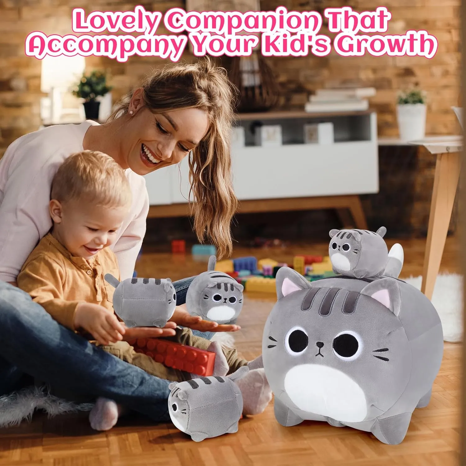 Grey Cat Plush, 5 PCS Cat Plush Stuffed Animal Family, 16in Grey Cat Mommy Cat with 4 Baby Kittens Cat Plushies for Kids, Kawaii Cat Plush Toy Christmas Birthday Gifts for Kids Boys Girls
