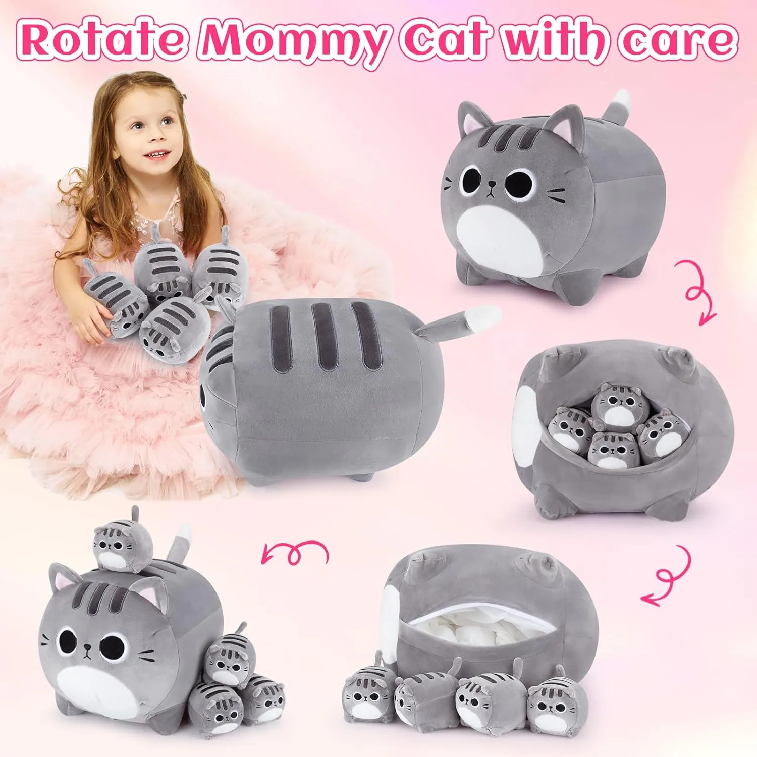 Grey Cat Plush, 5 PCS Cat Plush Stuffed Animal Family, 16in Grey Cat Mommy Cat with 4 Baby Kittens Cat Plushies for Kids, Kawaii Cat Plush Toy Christmas Birthday Gifts for Kids Boys Girls