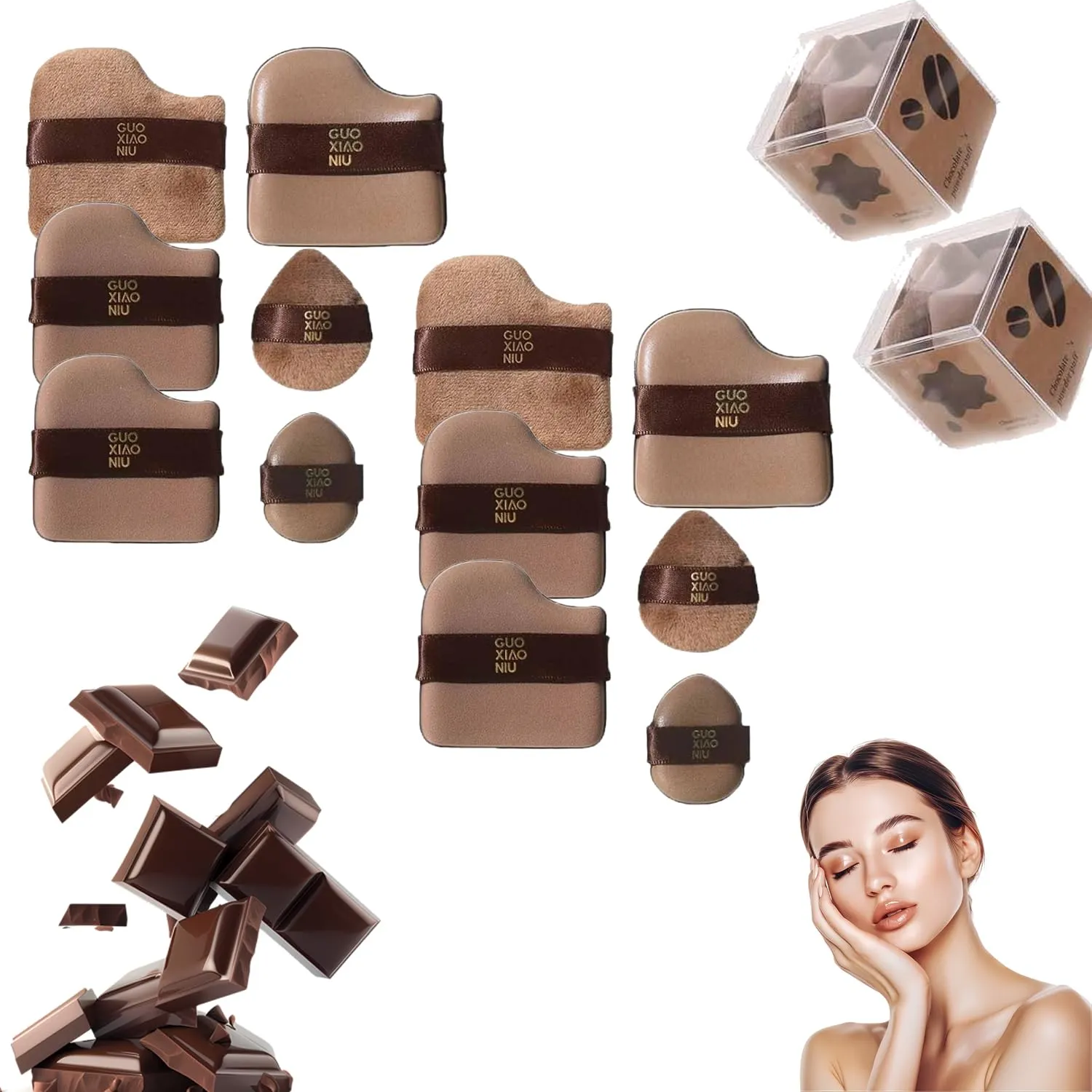 Guo Xiao Niu Makeup Puff, Chocolate Biscuit Powder Puff, Guoxiaoniu Makeup Puff, 1 Box of 6 PCS Guoxiaoniu Chocolate Color Quick Foundation Puff Set, Concealer Blush Without Eating Powder (2Set)