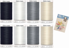 Gutermann Sew-All Thread 547 yd, 8 Pack Bundle with Bella's Crafts Mini Sewing Clips (Essential Colors)