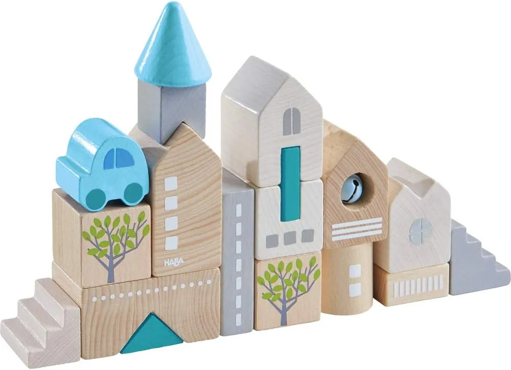 HABA Wooden Building Blocks Bad Rodach 18-Piece Set, Beech Wood Stacking Blocks for Ages 18 Months and up. Made in Germany.