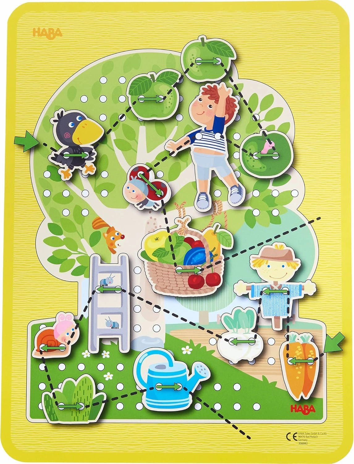 HABA Orchard Threading Game for Kids Ages 3-5, Lacing Tiles for Fine Motor Skills Development, Montessori Learning Toy for Preschoolers with 31 Fruit & Character Tiles