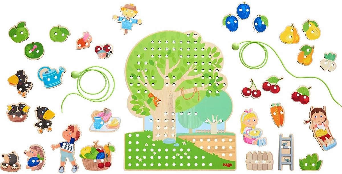 HABA Orchard Threading Game for Kids Ages 3-5, Lacing Tiles for Fine Motor Skills Development, Montessori Learning Toy for Preschoolers with 31 Fruit & Character Tiles