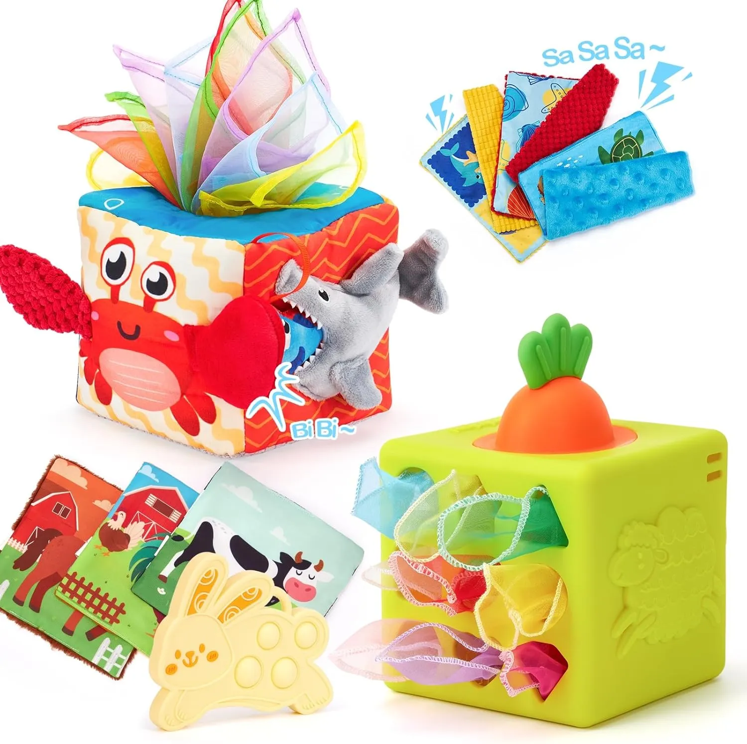 hahaland Baby Tissue Box Toy - Silicone Baby Toys 6-12 Months Montessori Toy for 6 Month Old with Scarves, Crinkle, Textures, Mirror