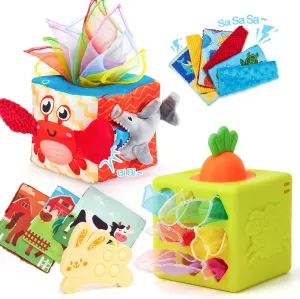 hahaland Baby Tissue Box Toy - Silicone Baby Toys 6-12 Months Montessori Toy for 6 Month Old with Scarves, Crinkle, Textures, Mirror