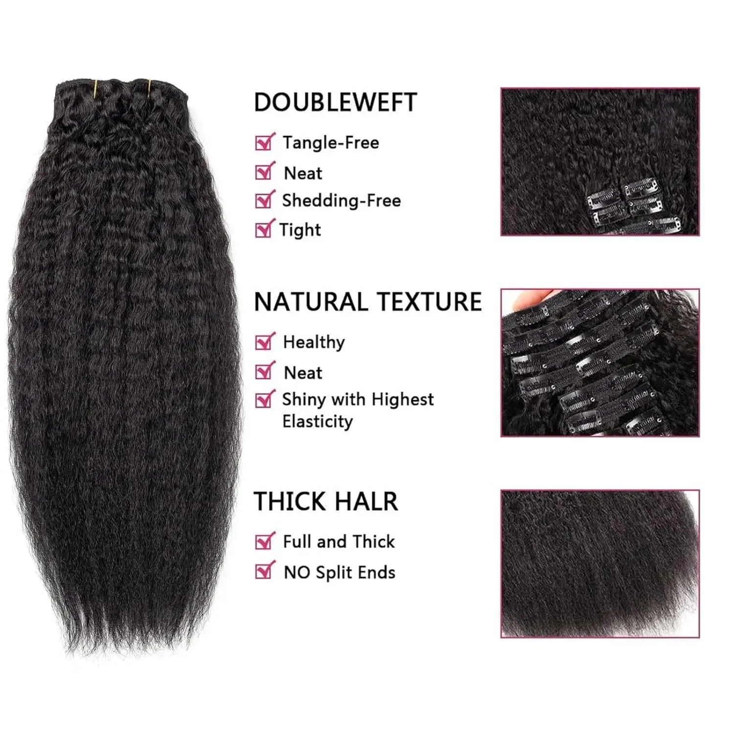 Hair Extensions 10pcs Kinky Straight Clip in Hair Extensions Real Human Hair Clip ins Natural Black Double Weft Clip ins for Women 120g Kinky Straight Clip on Extensions Human Hair Hair Pieces(14 Inch