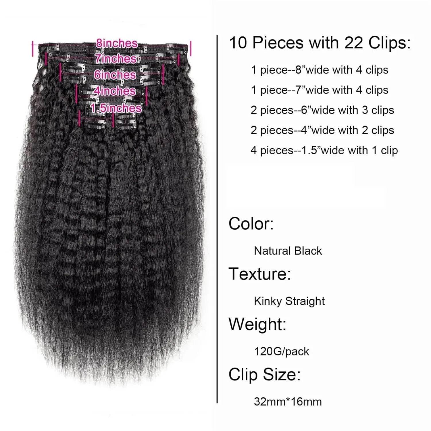 Hair Extensions 10pcs Kinky Straight Clip in Hair Extensions Real Human Hair Clip ins Natural Black Double Weft Clip ins for Women 120g Kinky Straight Clip on Extensions Human Hair Hair Pieces(14 Inch