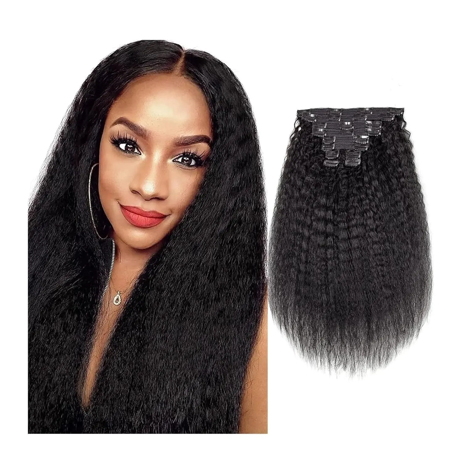 Hair Extensions 10pcs Kinky Straight Clip in Hair Extensions Real Human Hair Clip ins Natural Black Double Weft Clip ins for Women 120g Kinky Straight Clip on Extensions Human Hair Hair Pieces(14 Inch
