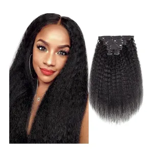 Hair Extensions 10pcs Kinky Straight Clip in Hair Extensions Real Human Hair Clip ins Natural Black Double Weft Clip ins for Women 120g Kinky Straight Clip on Extensions Human Hair Hair Pieces(14 Inch