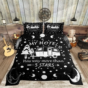 Happy Camping Comforter Set Queen Size,Camper RV Trailer Decor Bedding Set 3pcs for Kids Boys Girls Adults,Sun Moon Starry Sky Romantic Down Comforter,Black White Unique Duvet Insert,2 Pillowcases