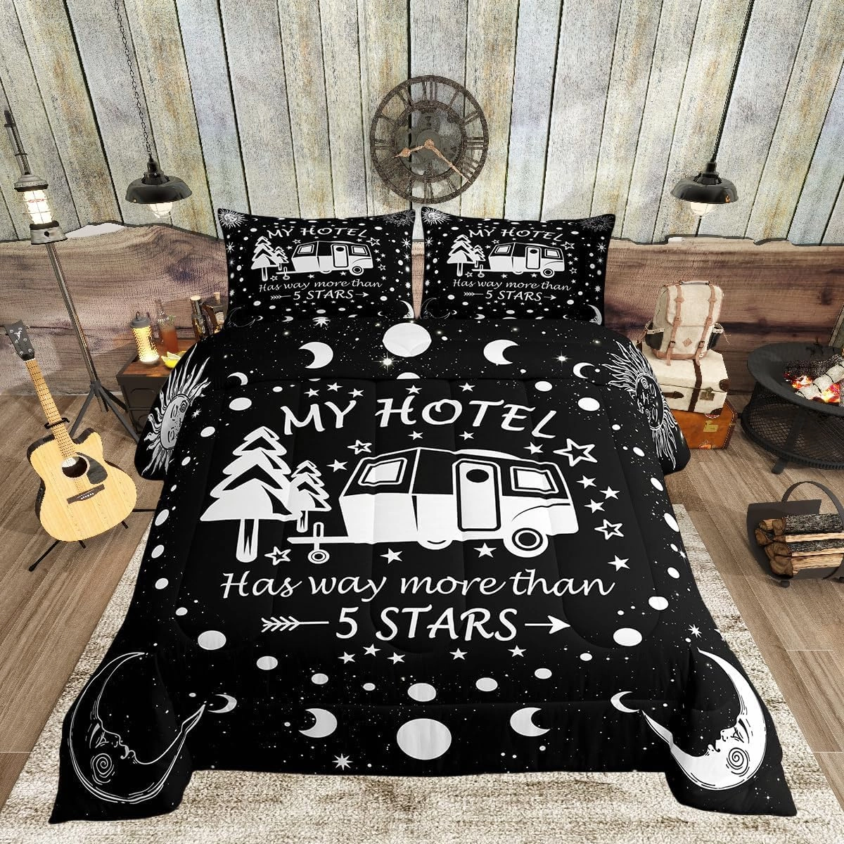 Happy Camping Comforter Set Queen Size,Camper RV Trailer Decor Bedding Set 3pcs for Kids Boys Girls Adults,Sun Moon Starry Sky Romantic Down Comforter,Black White Unique Duvet Insert,2 Pillowcases