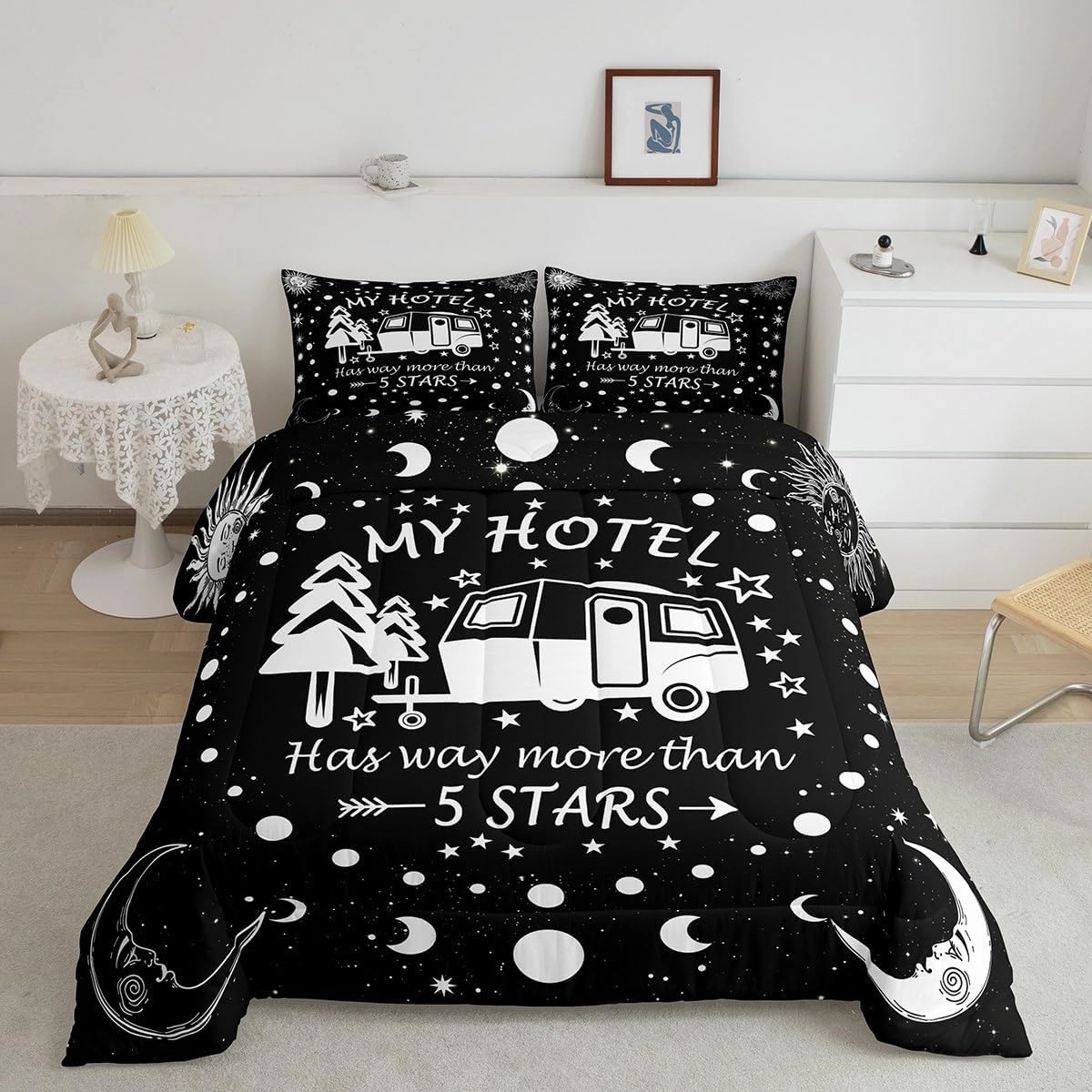 Happy Camping Comforter Set Queen Size,Camper RV Trailer Decor Bedding Set 3pcs for Kids Boys Girls Adults,Sun Moon Starry Sky Romantic Down Comforter,Black White Unique Duvet Insert,2 Pillowcases