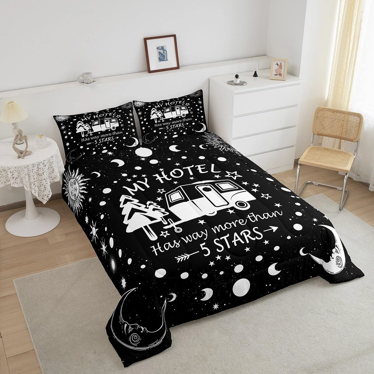 Happy Camping Comforter Set Queen Size,Camper RV Trailer Decor Bedding Set 3pcs for Kids Boys Girls Adults,Sun Moon Starry Sky Romantic Down Comforter,Black White Unique Duvet Insert,2 Pillowcases