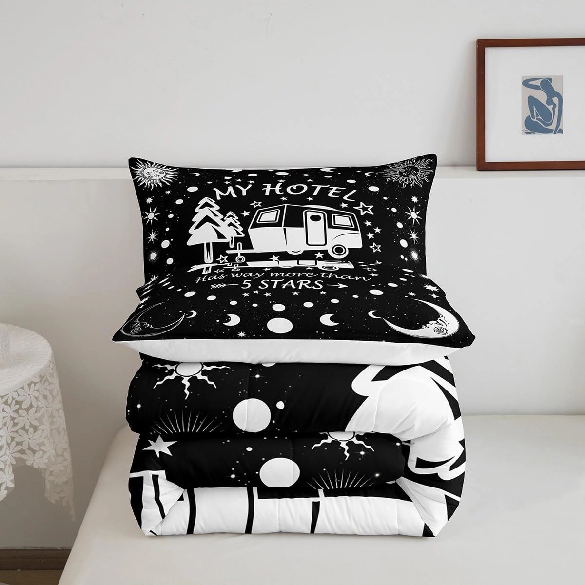 Happy Camping Comforter Set Queen Size,Camper RV Trailer Decor Bedding Set 3pcs for Kids Boys Girls Adults,Sun Moon Starry Sky Romantic Down Comforter,Black White Unique Duvet Insert,2 Pillowcases