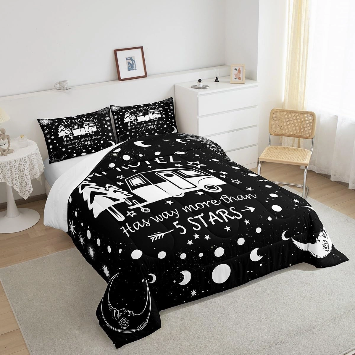 Happy Camping Comforter Set Queen Size,Camper RV Trailer Decor Bedding Set 3pcs for Kids Boys Girls Adults,Sun Moon Starry Sky Romantic Down Comforter,Black White Unique Duvet Insert,2 Pillowcases