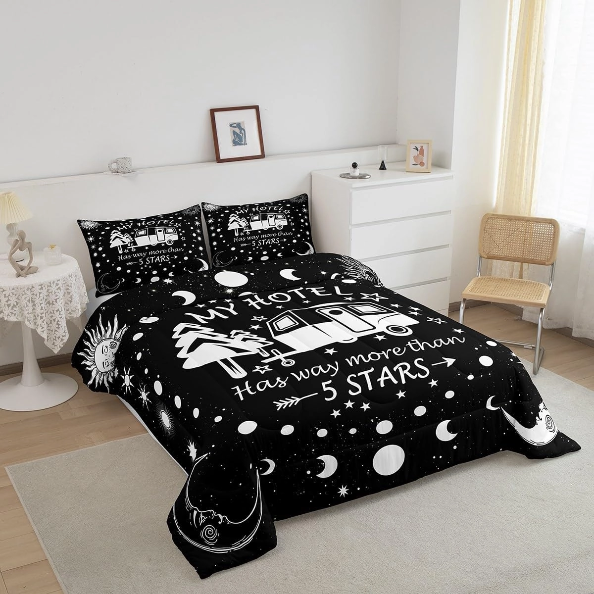 Happy Camping Comforter Set Queen Size,Camper RV Trailer Decor Bedding Set 3pcs for Kids Boys Girls Adults,Sun Moon Starry Sky Romantic Down Comforter,Black White Unique Duvet Insert,2 Pillowcases