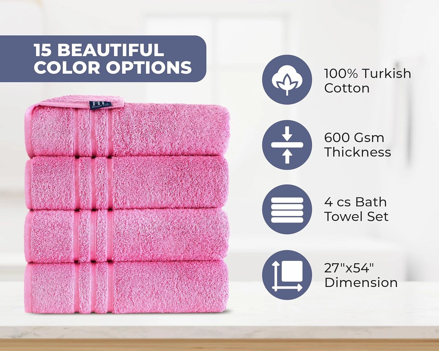 Hawmam Linen Pink Bath Towels 4 Pack Soft and Absorbent, Premium Quality Perfect for Daily Use 100% Cotton Towel 600 GSM