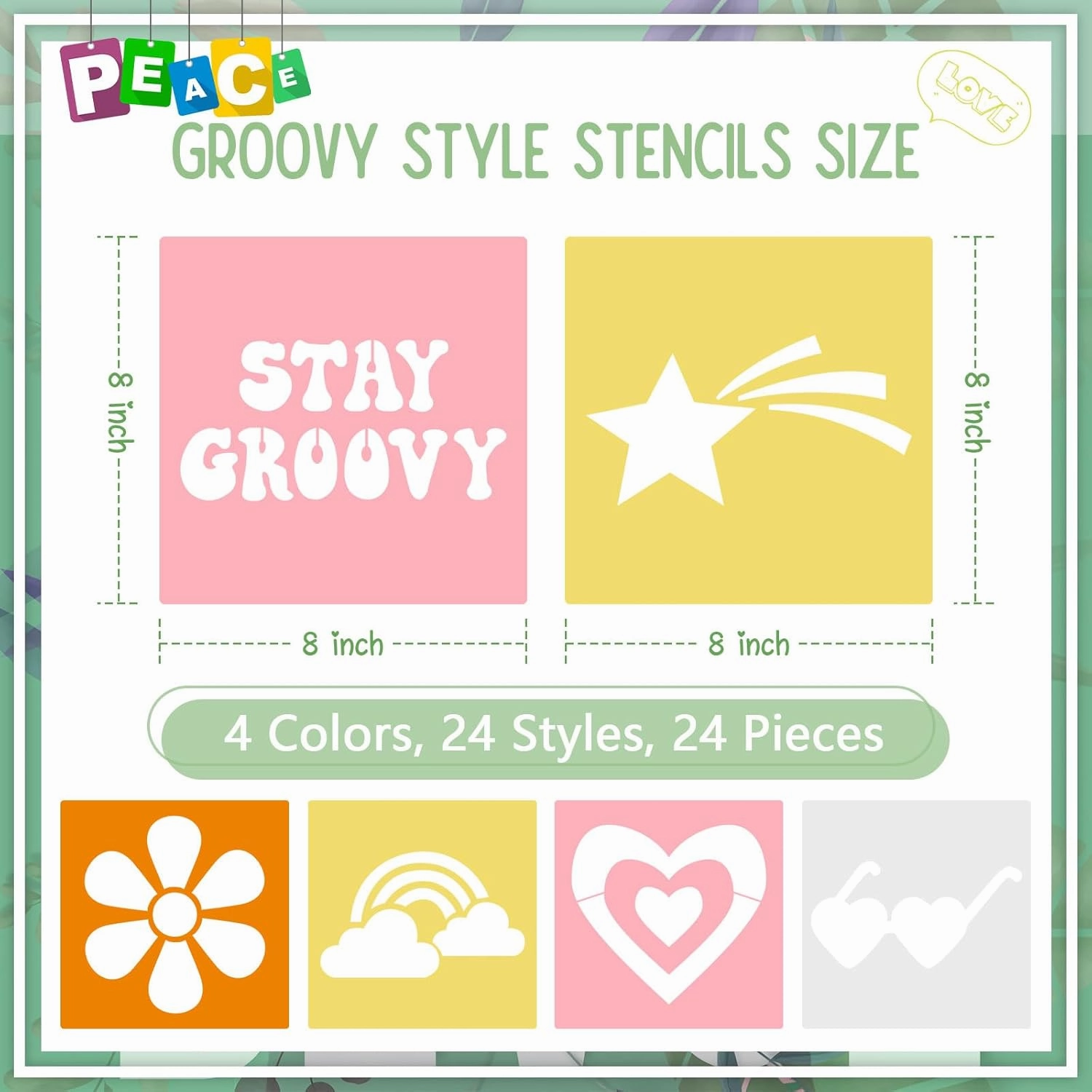 Henoyso 24 Pcs Boho Groovy Peace Stencil Set 8 x 8 Inch Plastic Drawing Painting Chalk Templates Assorted Stencils Reusable for Kids Painting on Wood Paper Scrapbook Wedding DIY Art Crafts