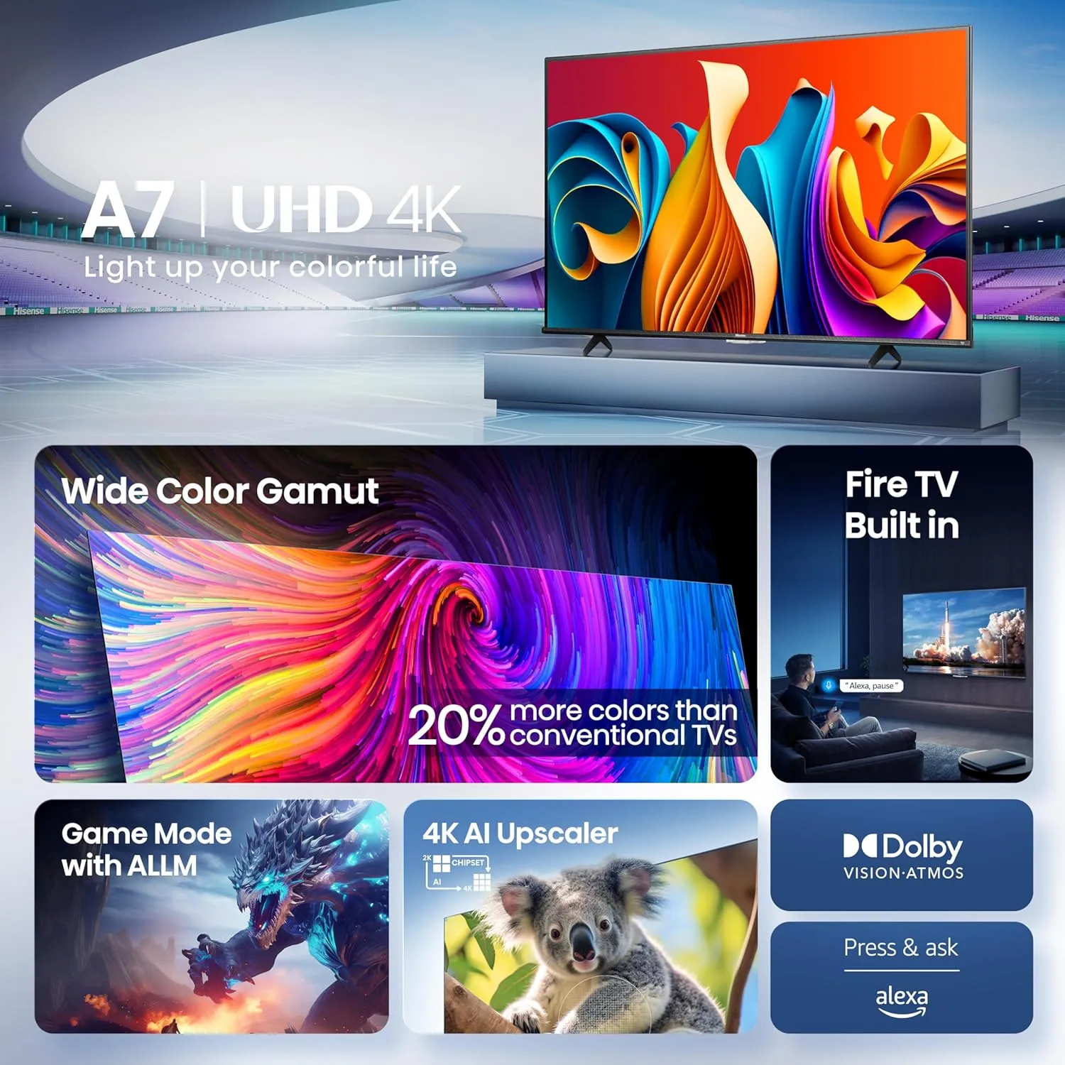 Hisense 50" Class A7 Series (50A7NF,2025 Model) 4K UHD Smart Fire TV, Voice Remote with Alexa, Wide Color Gamut, HDR10 , Dolby Vision, Dolby Atmos, Game Mode, ALLM, Stream Live TV Without Cable