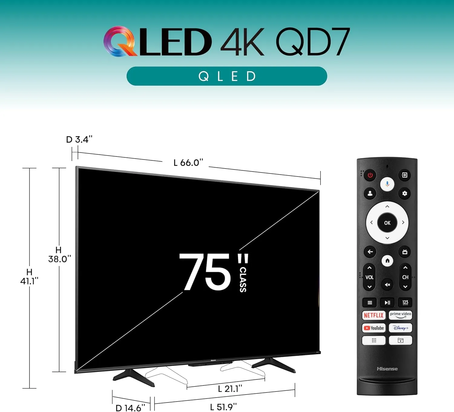 Hisense 75-Inch Class QD7 Series QLED 4K UHD Google Smart TV (75QD7N, 2024 Model) - QLED, Native 144Hz, Motion Rate 240, Direct Full Array, Game Mode Pro, Alexa Compatibility