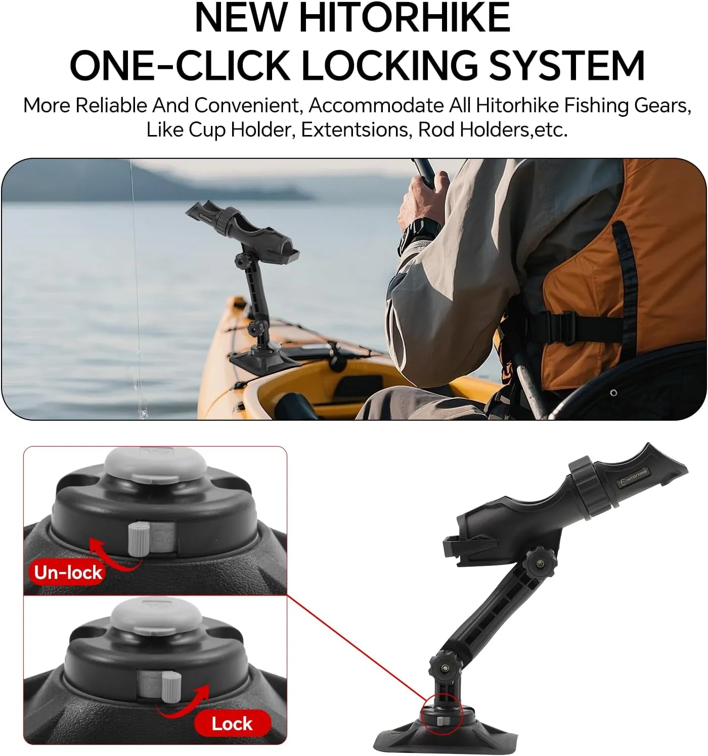 Hitorhike Kayak & Boat Fishing Rod Holder Set with Extender – Universal Reel Compatibility, 360° Adjustable, Heavy-Duty Mounts