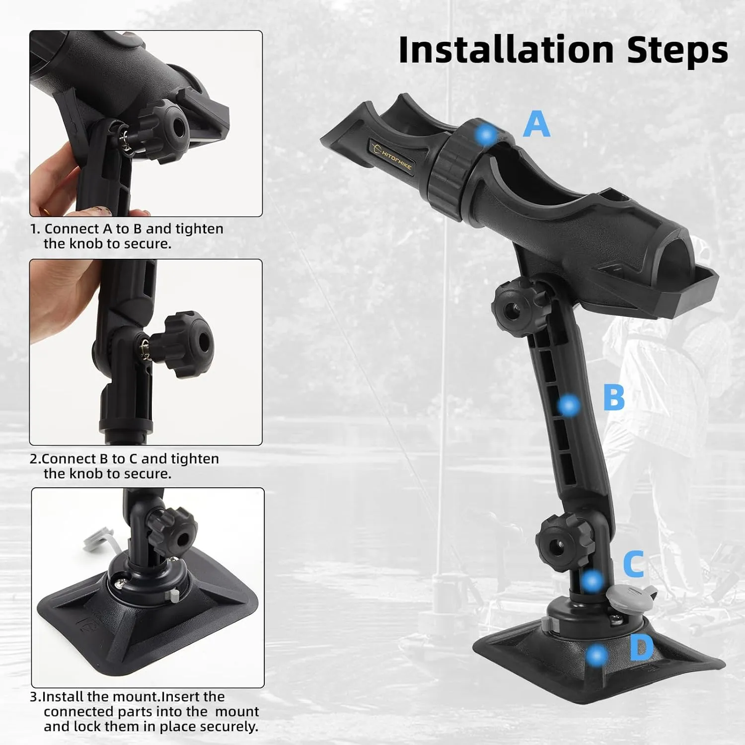Hitorhike Kayak & Boat Fishing Rod Holder Set with Extender – Universal Reel Compatibility, 360° Adjustable, Heavy-Duty Mounts