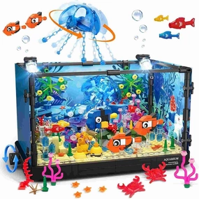 HOGOKIDS Fish Tank Building Set with LED Light - Movable Aquarium Building Toys for Adults Kids | 725PCS Creative Aquarium Toy with Jellyfish, Fish Animal Educational Gift for Boys Girls Age 8-14
