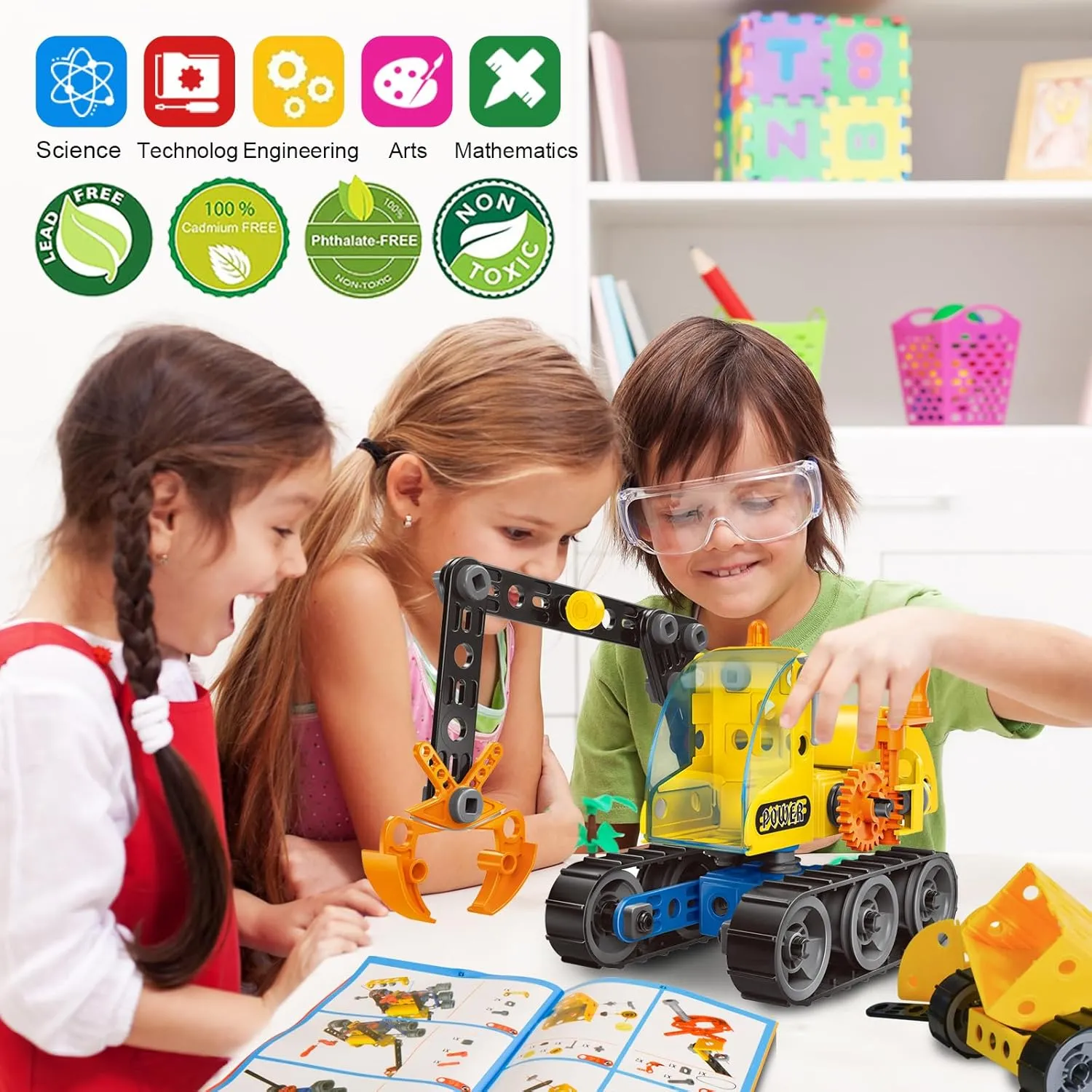 HOMETTER Building Toys, for Age 5-12 Year Old Boys Gift, 6 in 1 Engineering Excavator Toys, Kids Stem Learning Toys Educational Building Kit