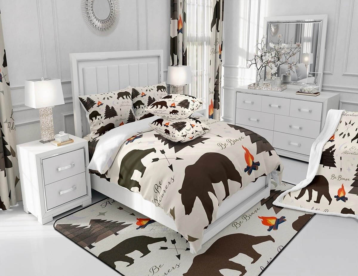 Homewish Happy Camping Comforter Set Twin Size,Hunt Bear Pine Trees Bedding Set for Kids Boys Girls Cabin Room Decor,Cartoon Campfire Arrow Stars Moon Quilt Set Adventure Duvet Insert Brown 2Pcs