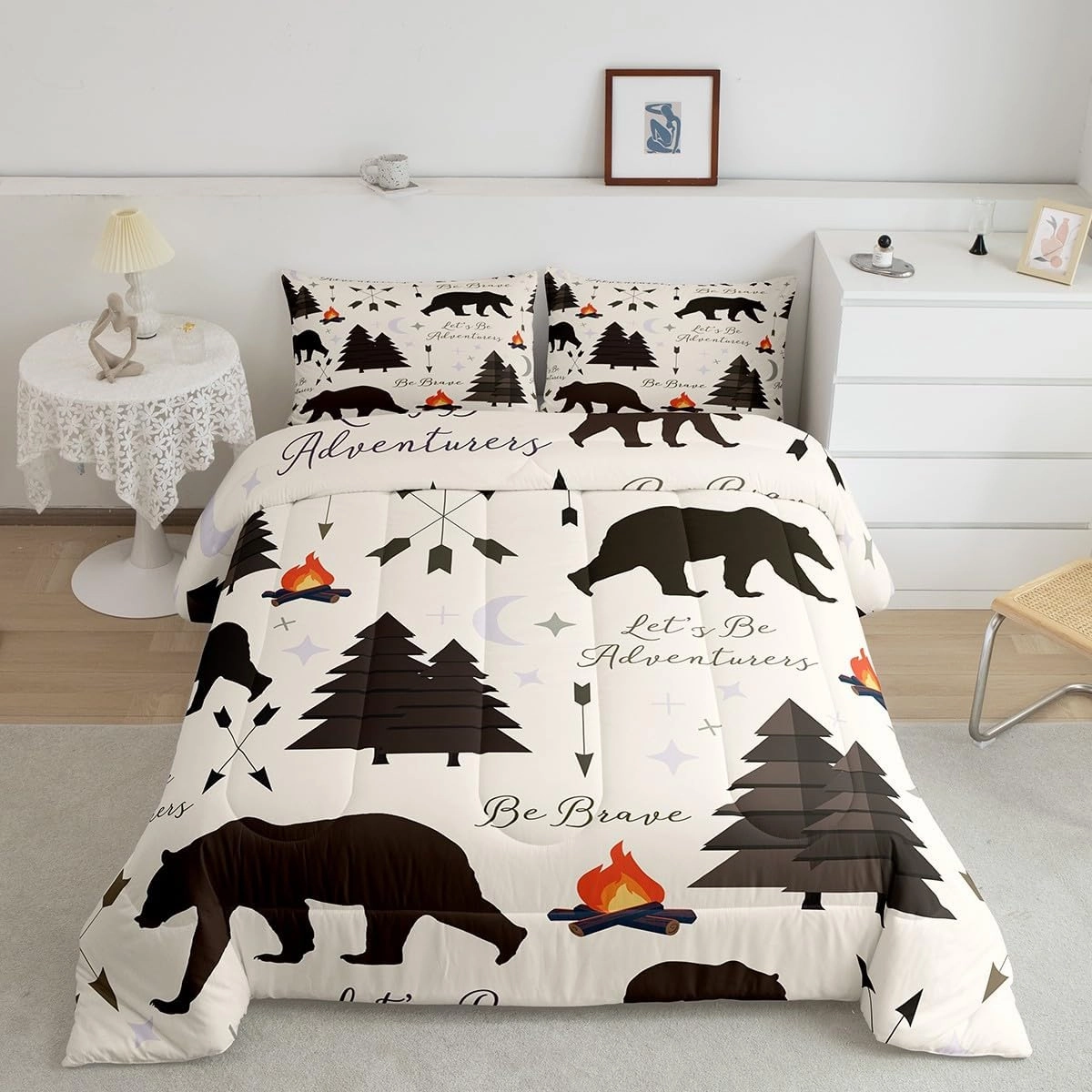Homewish Happy Camping Comforter Set Twin Size,Hunt Bear Pine Trees Bedding Set for Kids Boys Girls Cabin Room Decor,Cartoon Campfire Arrow Stars Moon Quilt Set Adventure Duvet Insert Brown 2Pcs